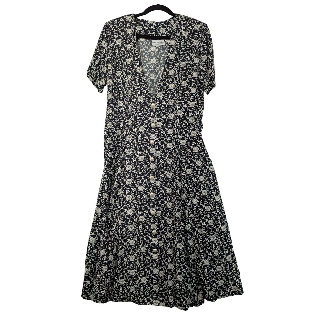 CAROLINE WELLS‎ COLLECTION Floral Print Button Front Midi Dress Size 10 Rayon